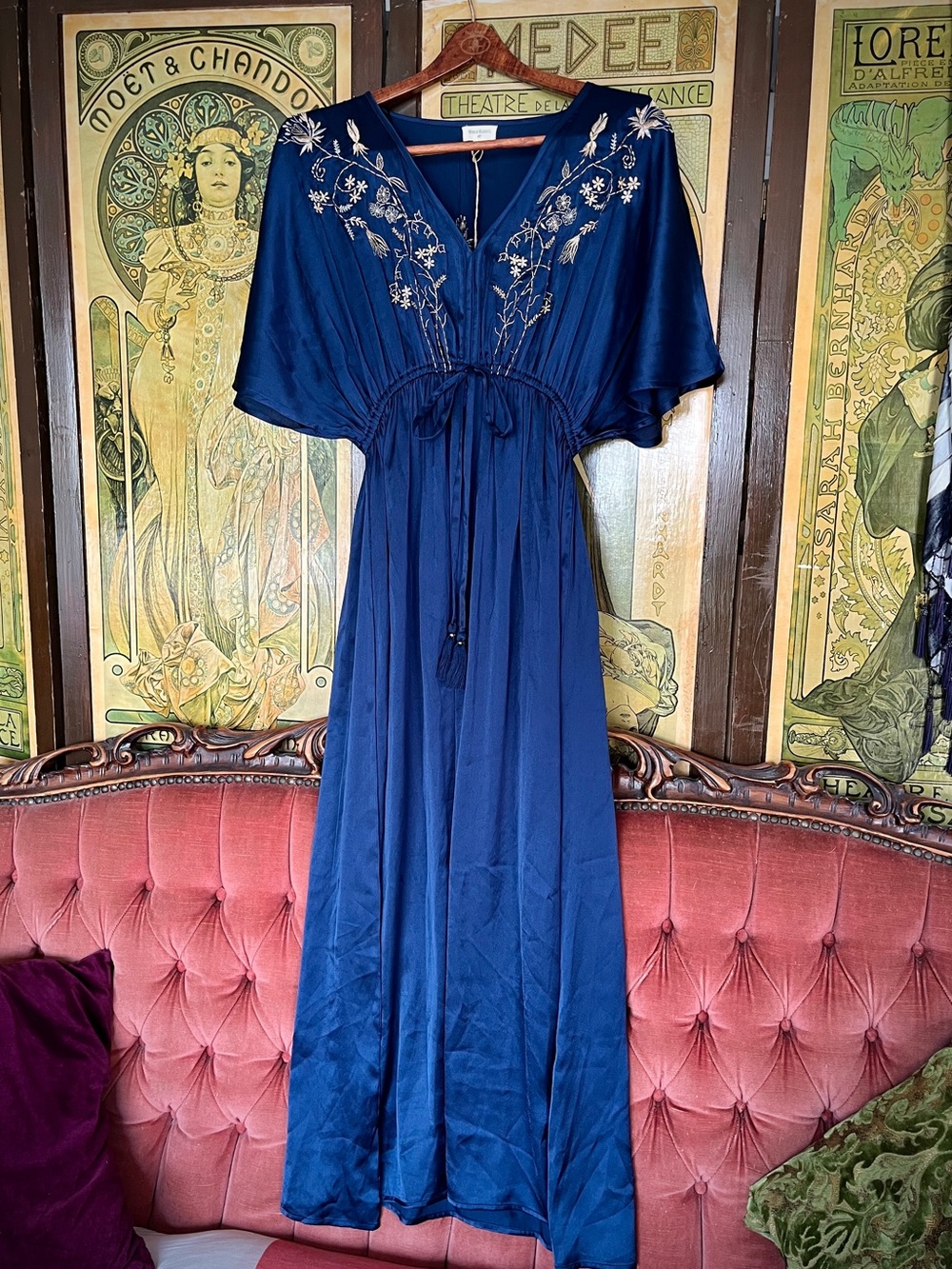 World Market Navy Blue Embroidered Caftan Maxi Dress Size S/M